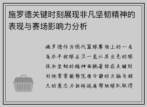 施罗德关键时刻展现非凡坚韧精神的表现与赛场影响力分析 施罗德关键时刻展现非凡坚韧精神的表现与赛场影响力分析